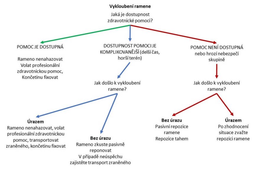 Schéma možných postupů při vykloubení ramene