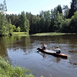 Průzkum nejnáročnější částí maratonu. Vjíždí se do širší části řeky, která meadruje v rákosovém porostu. Je tady řada zkratek.