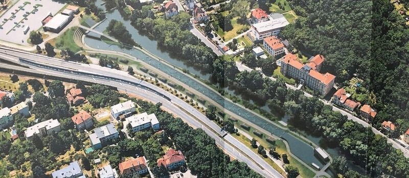 Vizualizace vodáckého areálu u řeky Svratky v Brně.