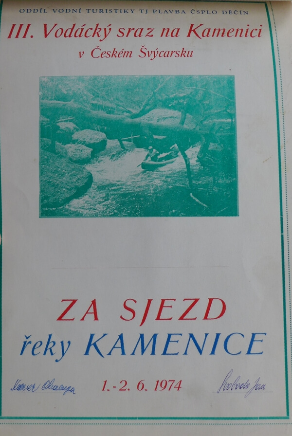 Pamětní list za splutí Hřenské Kamenice v roce 1974.
