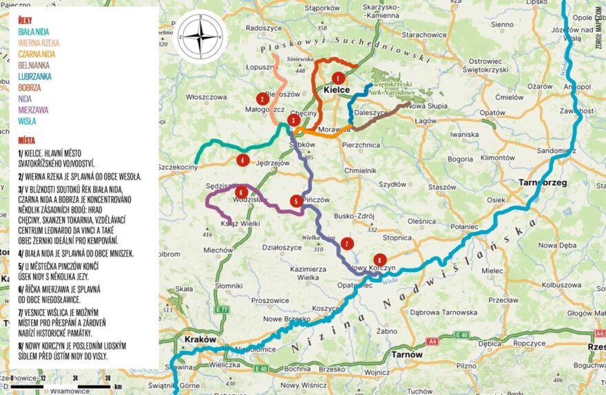 Orientační mapa řek ve Svatokřížském vojvodství.