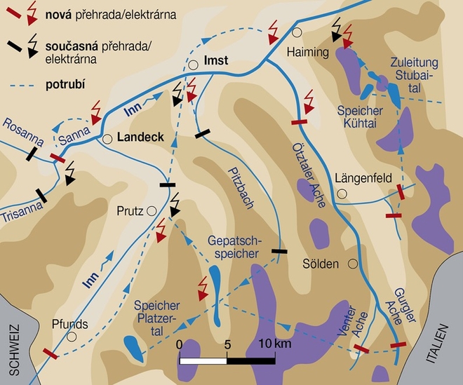 Mapa plánovaných projektů na tyrolských řekách
