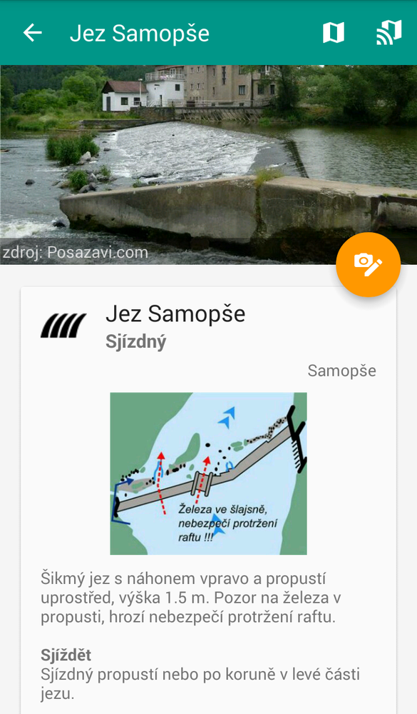 Mobilní aplikace - detail jezu