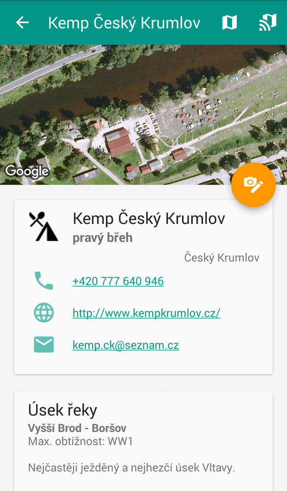 Mobilní aplikace - detail kempu